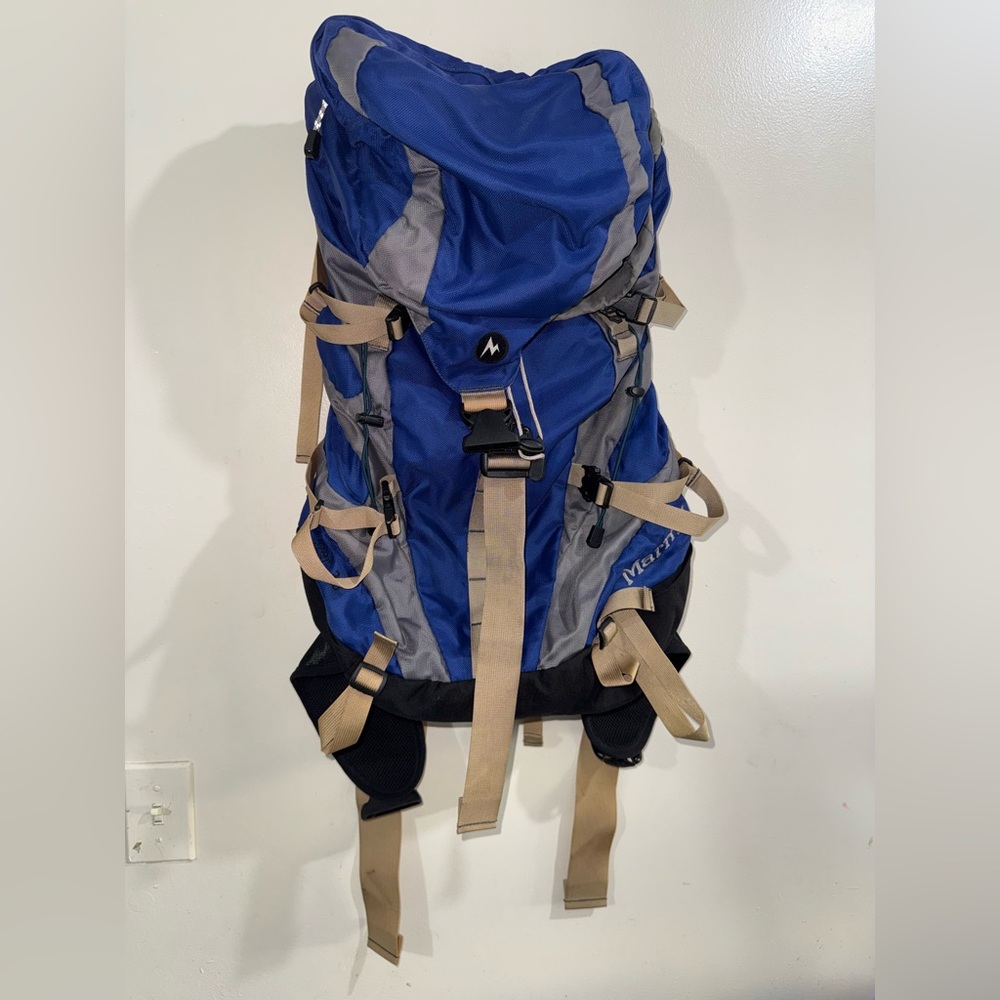 Marmot Blue and Gray Hiking Backpack with Tan Straps